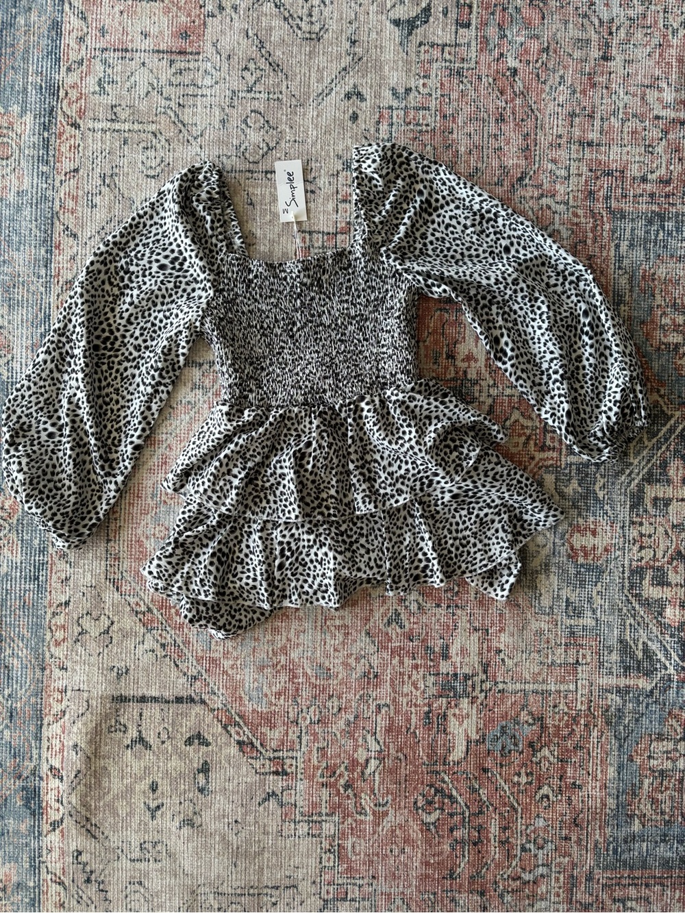 Simplee Apparel Black & White Smocked Leopard Print Ruffle Jumpsuit